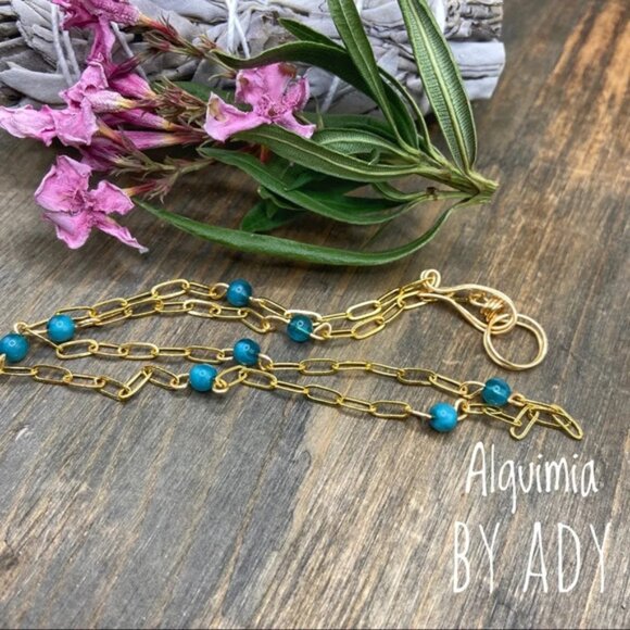 Blue apatite and gold dainty jeweled short choker necklace